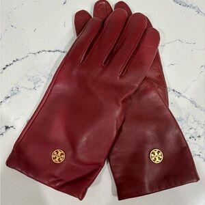 Tory Burch Burgundy Leather Gloves
